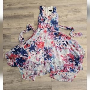 Donna Karan Midi Dress Size 4 Abstract Floral Fit And Flare Flowy Pink Blue